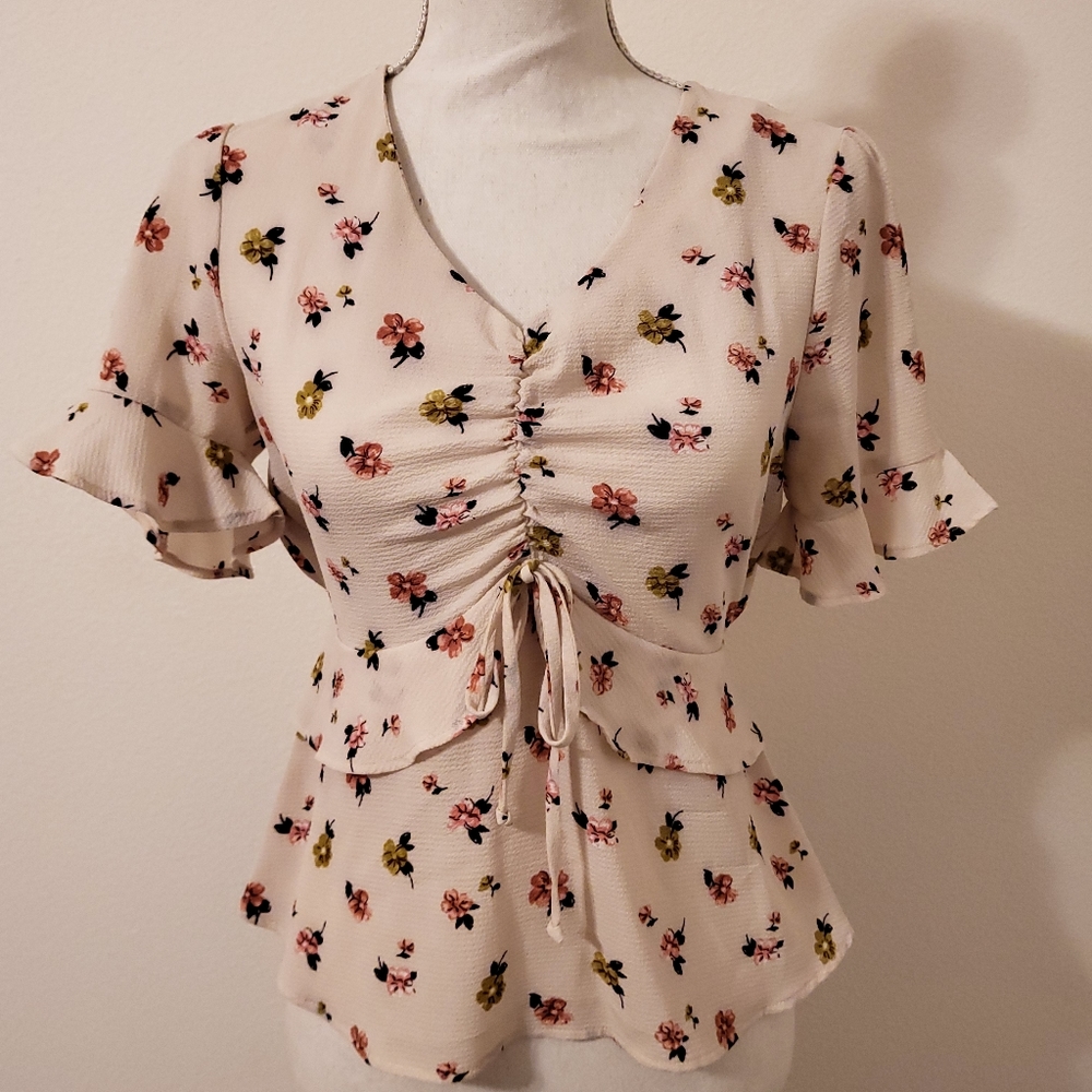 Cream Floral Peplum Blouse